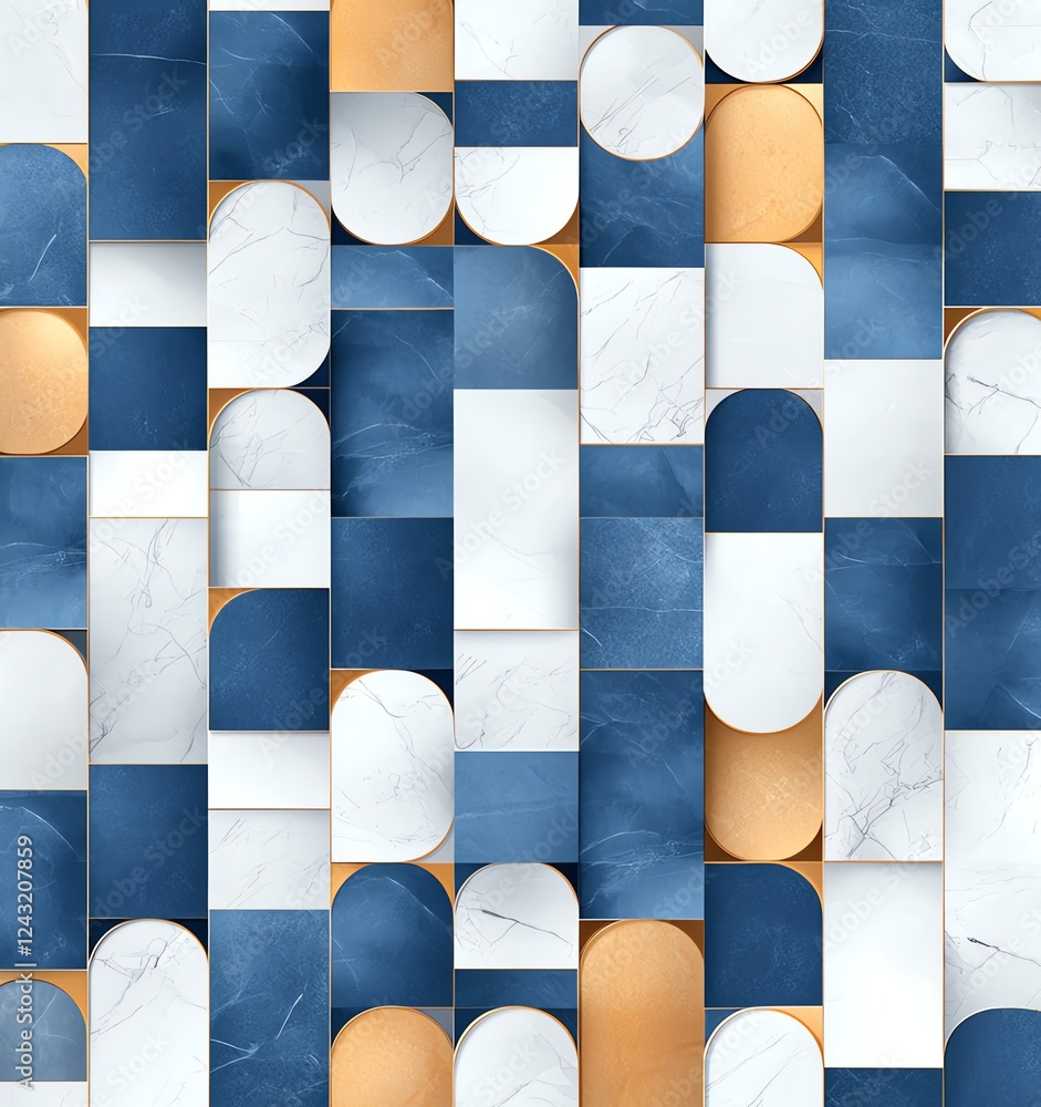 Poster a modern abstract pattern featuring interlocking geometric shapes in blue, white, and gold tones, id