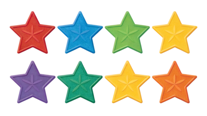 Colorful 6 star shapes in a variety of vibrant colors. Perfect for decorations, crafts, or educational projects with isolated on transparent background png

