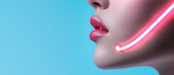Obraz premium A close-up of a woman's face with glowing pink neon lights accentuating her jawline, set against a soft blue background.