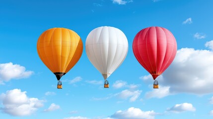 Naklejka premium Colorful hot air balloons soar in a vibrant blue sky, fluffy clouds drift peacefully in the background. Ideal for travel brochures