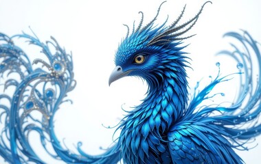 A digital illustration of a blue bird creature with iridescent feathers on a white background