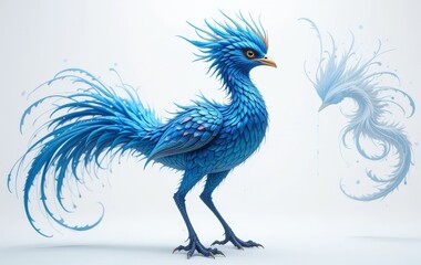 Obraz premium A digital illustration of a blue bird creature with iridescent feathers on a white background