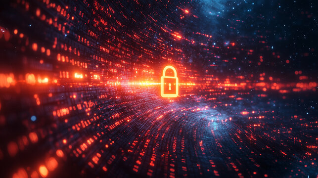 An abstract background of binary code with a padlock icon in the center, symbolizing encrypted data. Bright lighting, contrast