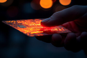 A credit card being scanned by an RFID skimmer device in a hacker’s hand. Bright lighting, contrast