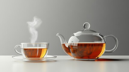 Glass cup of tea and glass teapot. Hot drink in the transparent cup on isolated background. Realistic vector illustration