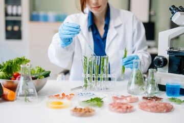 Scientist in a modern lab analyzing food samples with advanced equipment. Perfect for food science, research