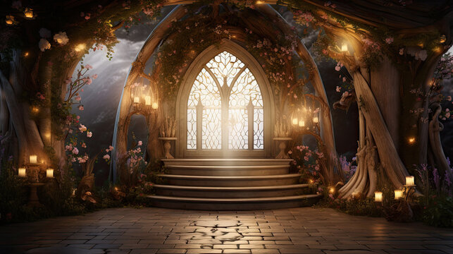 Enchanted Gothic Garden at Twilight: A Dreamlike Path to a Mysterious Doorway