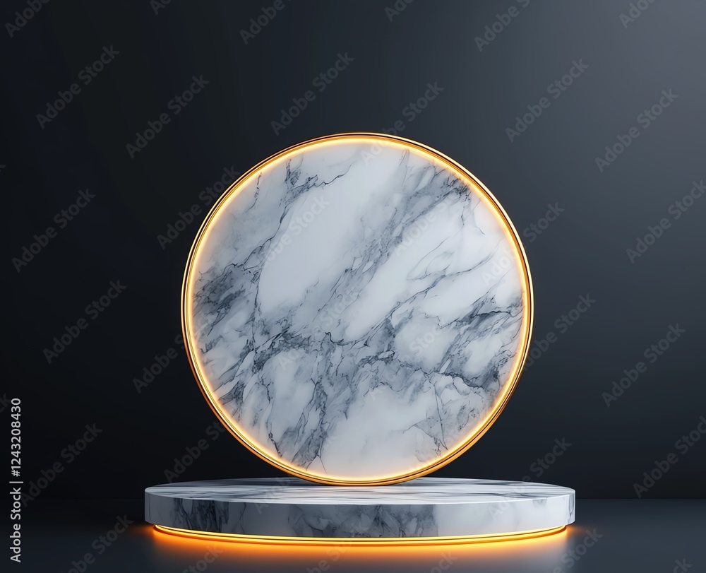 Poster a modern marble display platform with a glowing edge, perfect for showcasing products or designs in 