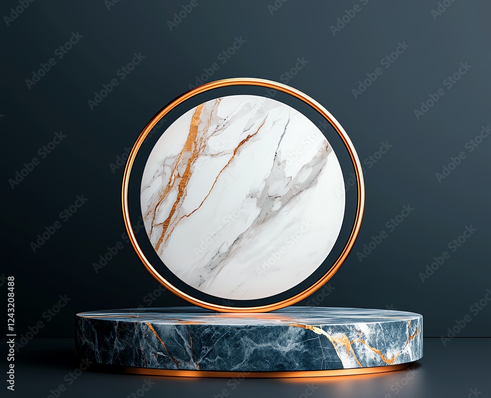 Poster a modern marble pedestal combined with a circular display featuring elegant textures and striking co