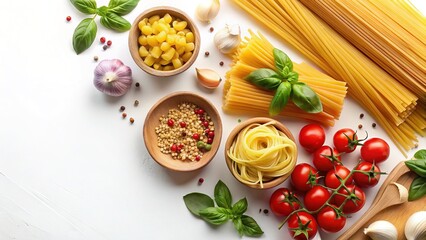 Aerial View of Colorful Pasta and Cooking Ingredients on White Background