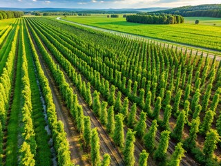 Fototapeta premium Aerial Drone Shot: Lush Green Hop Fields, Organic Beer Brewing Farm, Countryside Landscape