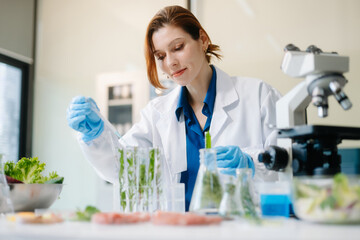 Fototapeta premium Scientist in a modern lab analyzing food samples with advanced equipment. Perfect for food science, research
