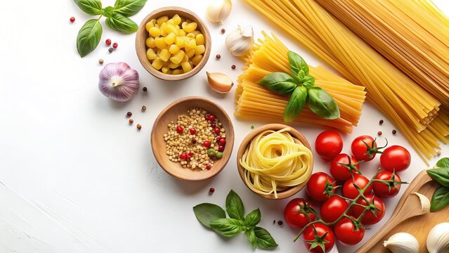 Aerial View of Colorful Pasta and Cooking Ingredients on White Background