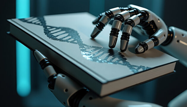 A bionic prosthetic arm with a metal body holds a book. The cover depicts a double helix of DNA, symbolizing genetics and science. Dark background.