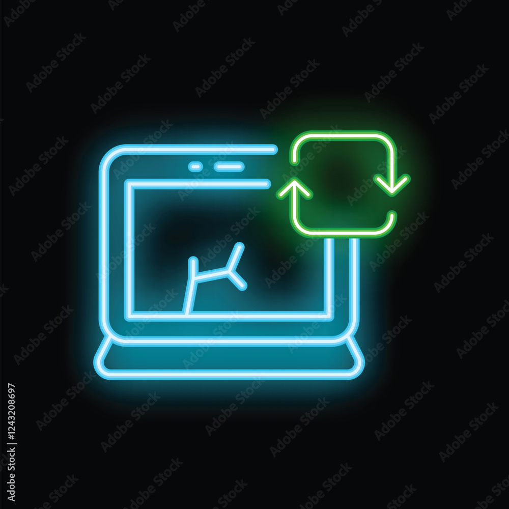 Poster neon sign of a laptop with a broken screen showing a software update in progress