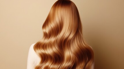 Fototapeta premium Back view of woman with long beautiful blond hair isolated on beige background. Dyeing and hair care. Shiny smooth blonde hair