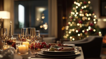 A Beautiful Christmas Dinner Table with a Festive Tree in the Background