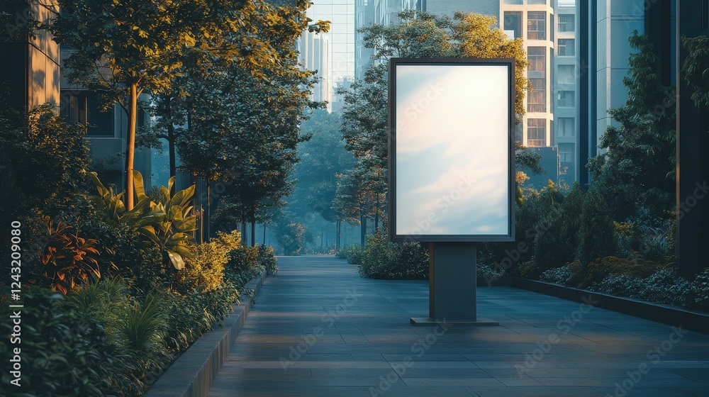 Poster Urban Scene Featuring Blank Display Screen Surrounded by Lush Greenery and Modern Architecture in a Peaceful Setting