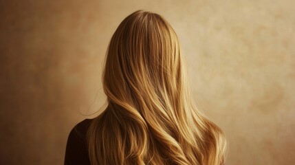 Back view of woman with long beautiful blond hair isolated on beige background. Dyeing and hair care. Shiny smooth blonde hair