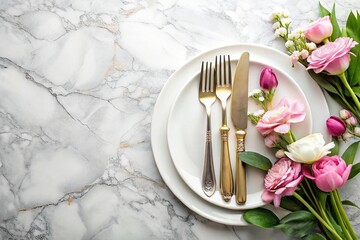 Elegant White Marble Table Setting with Cutlery, Flowers & Copy Space - Flat Lay Stock Photo