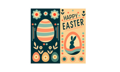 A vintage-style Easter poster inspired by the 1960s, featuring a soft yet elegant color palette with pastel blues, warm creams, and soft pinks. 