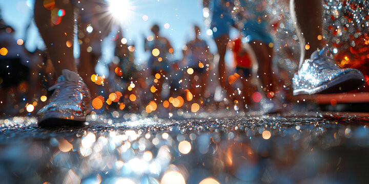 Glitter Shoes Splashing in Water with Bokeh Background
