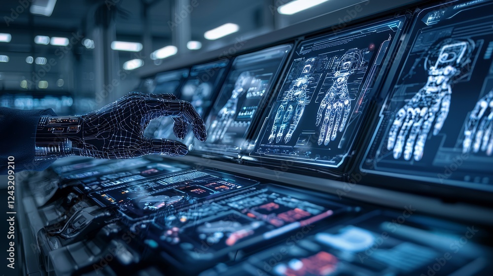 Poster a futuristic hand interacts with advanced digital interfaces displaying human-like structures, showc