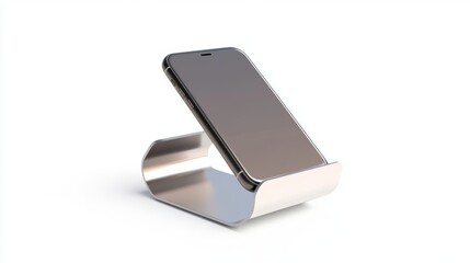 Metal alloy adjustable phone holder. Closeup view of new single metal alloy adjustable phone holder isolated on white background with clipping path.