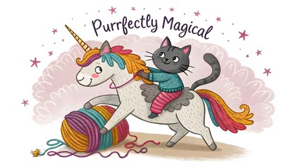 Naklejka premium Cute cat riding a vibrant unicorn with a rainbow mane, set against a starry sky in a playful and whimsical fantasy illustration