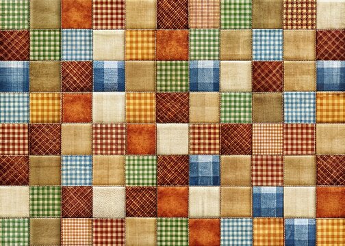 Macro Close-up of Checkered Patchwork Wallpaper Texture - Colorful Fabric Squares