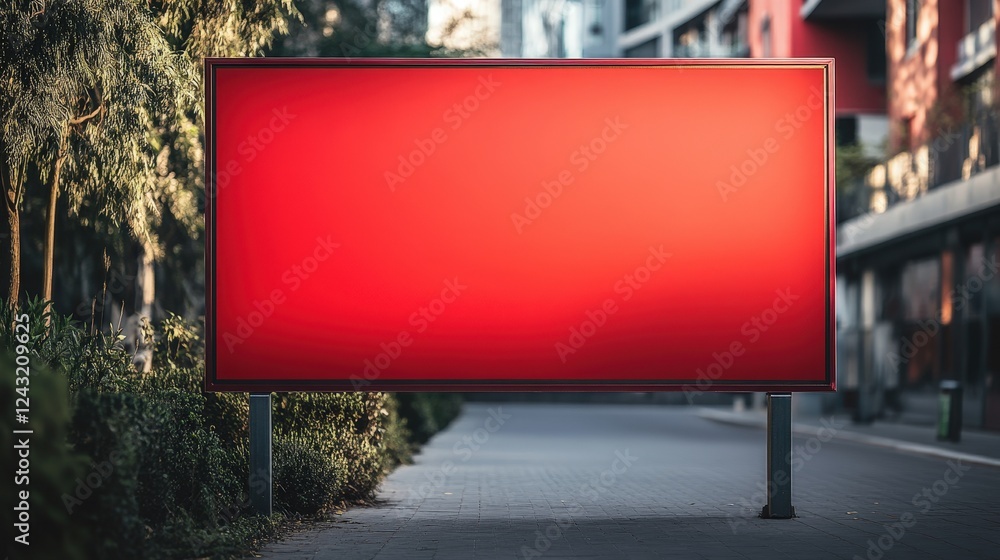 Poster captivating close-up view of a blank urban billboard surrounded by lush greenery and modern architec