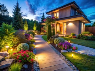 Obraz premium Modern Home Illuminated Pathway Landscape Garden Design - Night Photography