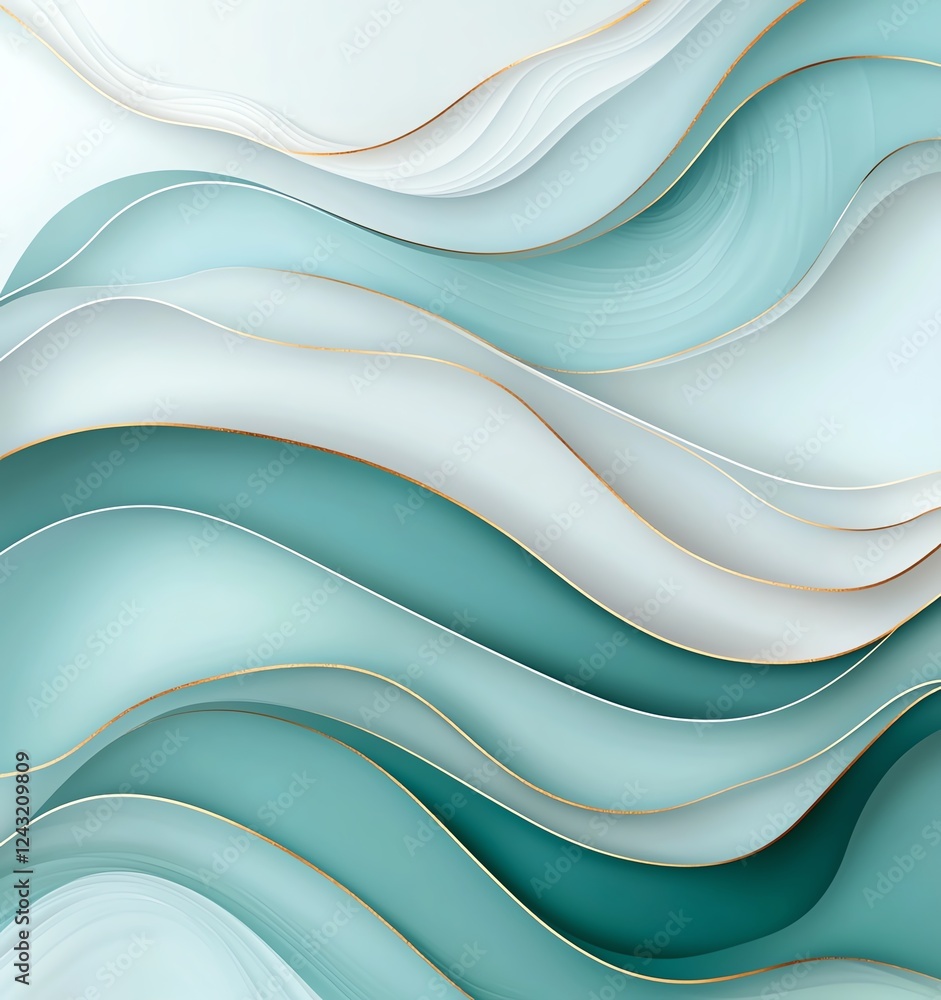 Poster a soothing blend of flowing waves in calming shades of teal and white, creating an abstract backgrou