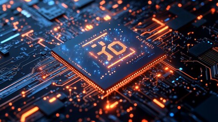 Obraz premium AI Artificial Intelligence chipset on circuit board in futuristic concept suitable for future technology artwork, Web Banner Abstract background, High tech technology geometric and connection system