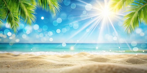 Tropical Summer Beach Vacation: Sunlit Sand, Sparkling Ocean, Blurred Background