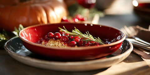 Cranberry Dessert in Red Bowl with Rosemary Garnish