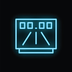 Blue neon icon of a bowling scoreboard with glowing numbers on a black background