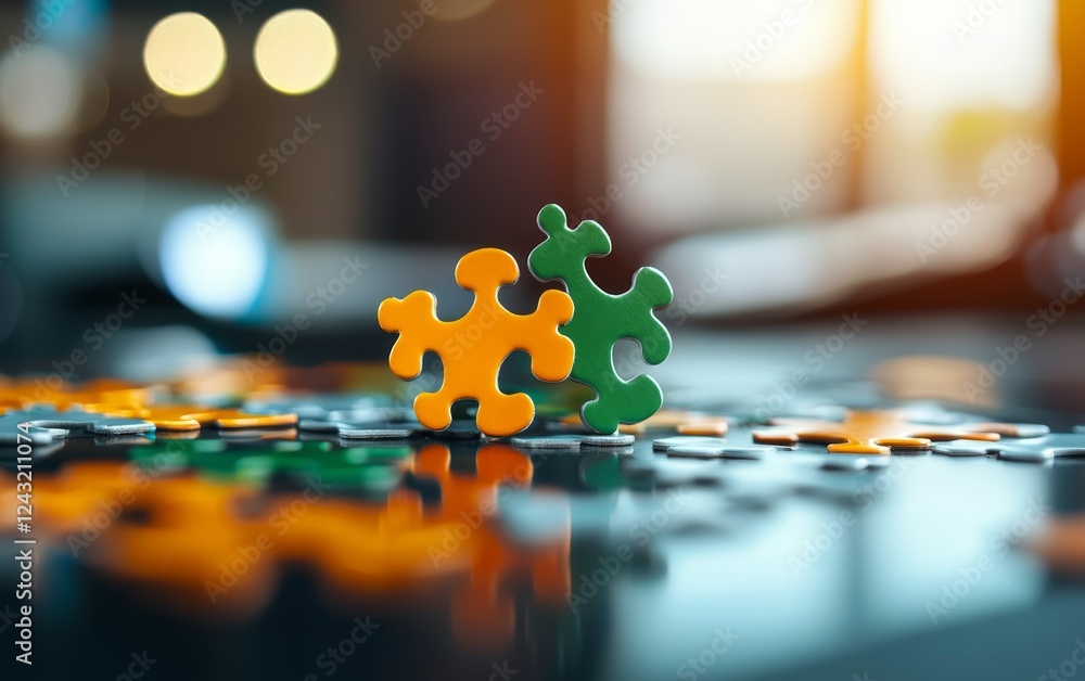 Poster a close-up of colorful puzzle pieces on a table, symbolizing problem-solving and creativity against 