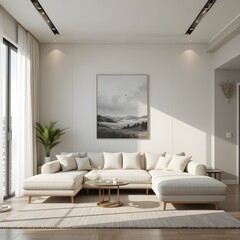 Moderno, minimalista, limpio, claro, contemporáneo, sala de estar, diseño interior, fondo de luz natural, sofá blanco beige en la sala de estar, luz natural desde la ventana, momento de frescura, maqu