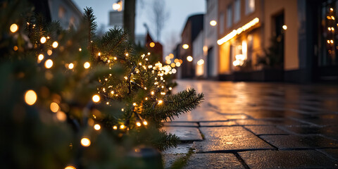 Evergreen Branches with String Lights on Cobblestone Street at Dusk