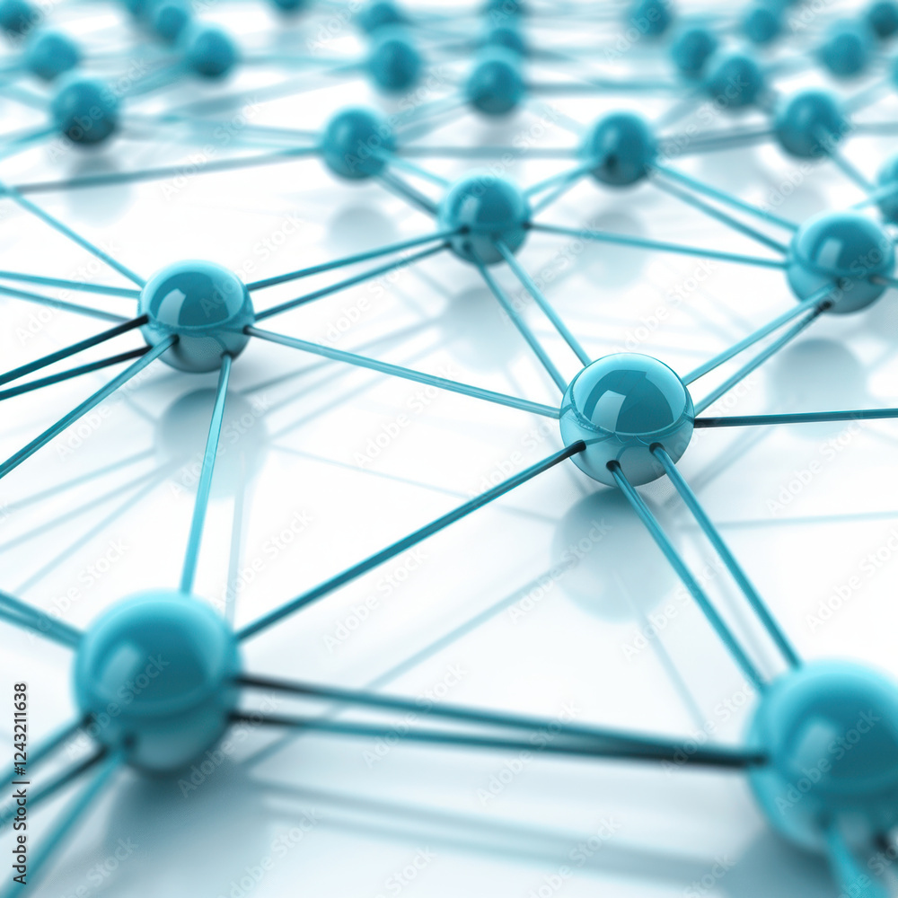 Poster close up view of blue molecular network, showcasing interconnected nodes and lines, symbolizing tech