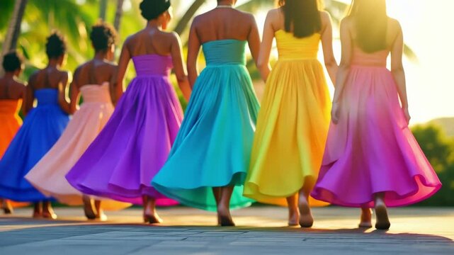 Colorful dresses and movement of women in a sunlit outdoor setting Happy Cinco de mayo