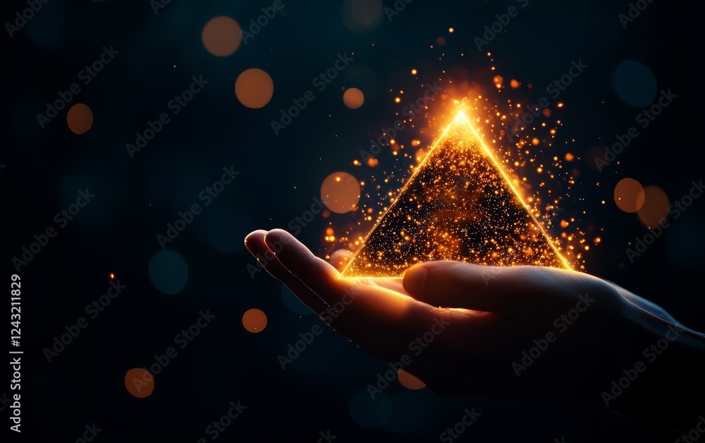 Aufkleber a glowing pyramid of sparks rests gently in an open hand against a dark background, creating a mysti