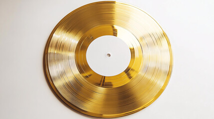 A gold vinyl record lies flat on a white surface, displaying its grooves and a white label.