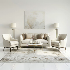 modern living room featuring beige sofa, two armchairs, and coffee table, complemented by stylish lamps and decorative rug, creating cozy atmosphere