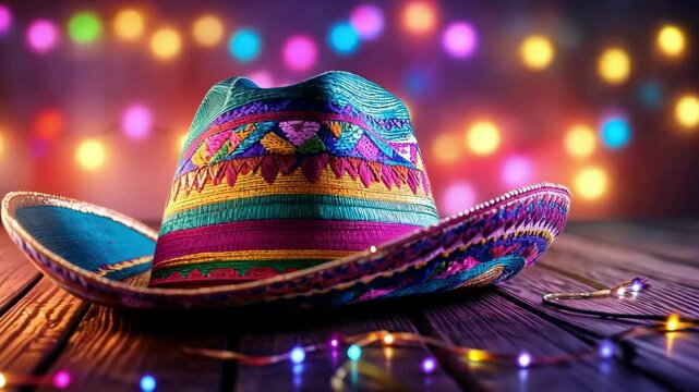 Colorful mexican sombrero on wooden table with festive lights Happy Cinco de mayo