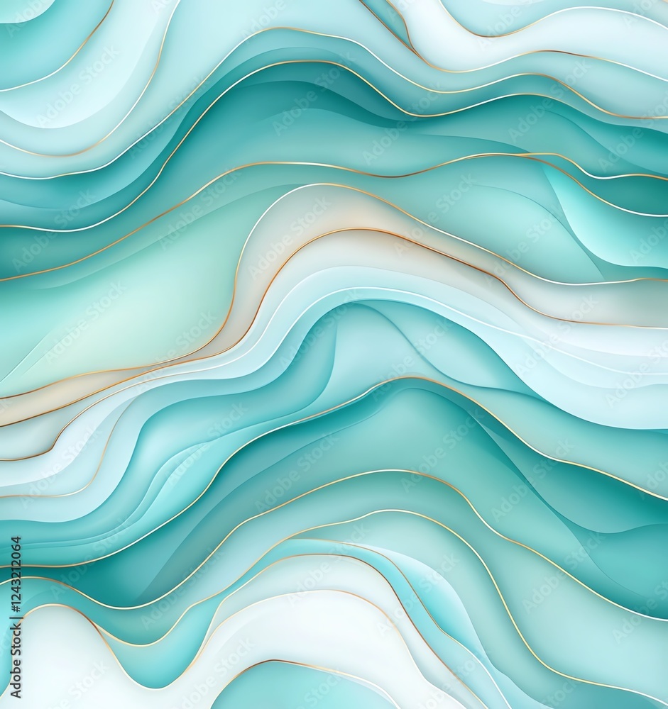 Poster a stunning abstract image featuring fluid waves of turquoise and white hues, creating a calming and 