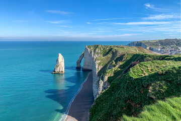 View of the famous rock arch and needle of the cliff of Etretat,Normandy, France