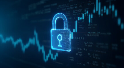 Cybersecurity Lock Over Financial Data Chart, Representing Secure Transactions, Online Safety, and Financial Data Protection in the Digital Era