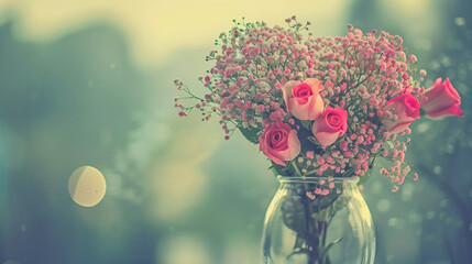 Heart-shaped bouquet of red and pink roses, delicate baby's breath, and fresh green leaves, arranged in a vintage glass vase, soft-focus bokeh background